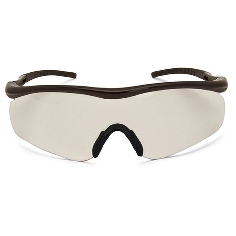 A pair of sporty sunglasses with a wraparound design features clear lenses and brown frames resting flat against a plain white background. The design includes a rubber nose grip for comfort.