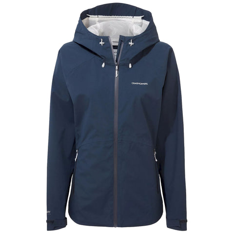 A navy outdoor jacket with a hood hangs upright showcasing a front zipper and side pockets made for weather protection in a casual or adventurous setting. The brand logo is visible on the chest.