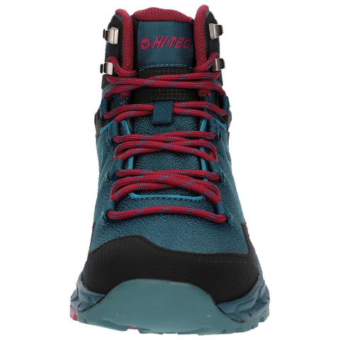 A hiking boot is centered in the image featuring a teal and black design with maroon laces and metallic eyelets positioned against a neutral background suitable for outdoor activities.