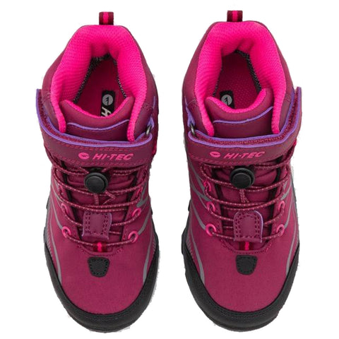 A pair of purple and pink hiking shoes features a high-top design with a lacing system and a toggle for adjustment placed against a plain white background.