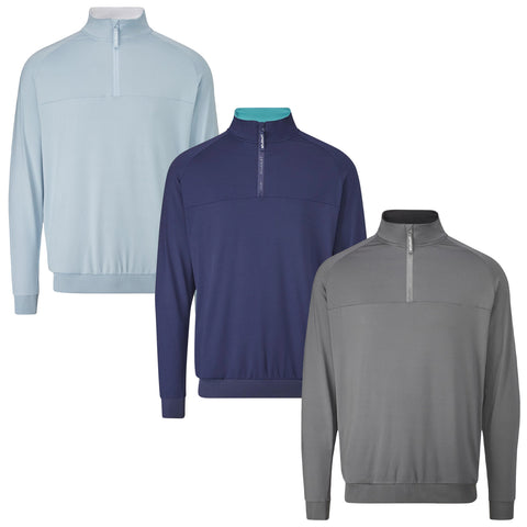 Three long-sleeve quarter-zip pullovers stand side by side featuring light blue grey and navy colors with ribbed cuffs and hems displayed against a plain background