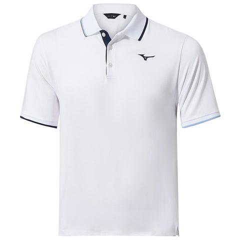 A white polo shirt with a collar and short sleeves features a subtle navy stripe on the collar and sleeve edges along with a logo on the left chest area