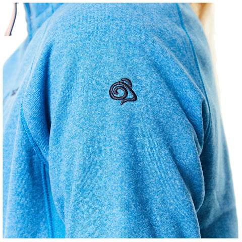 A blue hoodie is displayed with a close-up of the right sleeve showing a black embroidered logo of a stylized swirl design against the textured fabric background