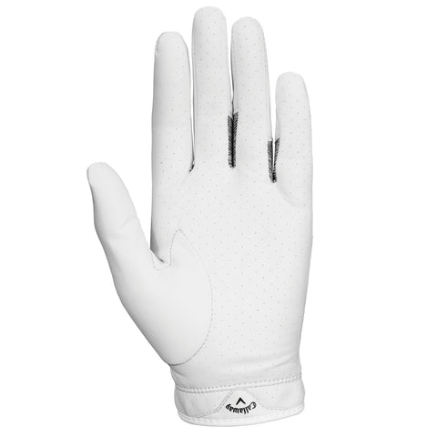 A white golf glove is displayed flat with fingers extended showing a smooth surface featuring small perforations and a reinforced palm designed for grip in outdoor sports environments.