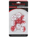 Nine dual-colored practice airballs are arranged neatly in a plastic packaging. The balls feature white and red colors with multiple holes, designed for practice use in golf.