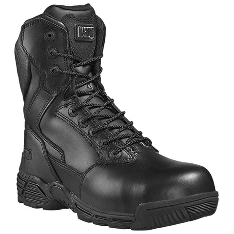 A black tactical boot stands upright with sturdy laces threaded through metal eyelets highlighting its design for durability and support ideal for rugged environments or work conditions.