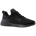 A black athletic shoe features a textured mesh upper and prominent lacing. It stands upright against a plain background, showcasing its modern design and sleek silhouette.