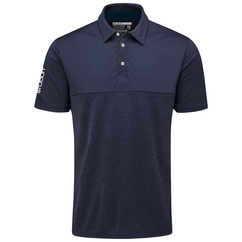 A navy blue polo shirt is displayed hanging flat showcasing its collar and buttons the fabric appears smooth with a subtle texture and a logo printed on one sleeve.