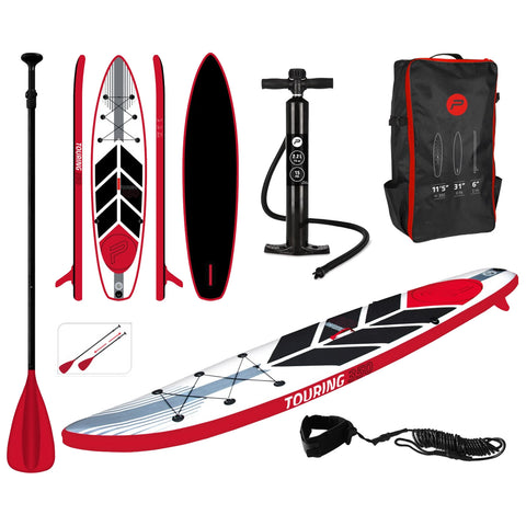 A red and white inflatable paddleboard lies alongside a black pump a paddle and a black backpack for storage showcasing accessories for water activities in a recreational context