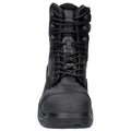 A black tactical boot stands upright showing its laces and sturdy design suggesting durability and support in rugged conditions ideal for outdoor or industrial use.