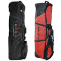 Big Max Atlantis S Travel Cover Two golf travel bags stand side by side. One bag is black while the other is red. Both feature zippers and branding, designed for transporting golf equipment.