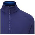 Navy blue athletic half-zip pullover with a high collar features a zipper at the front and lined stitching on the shoulders in a smooth fabric suitable for casual wear or light exercise.