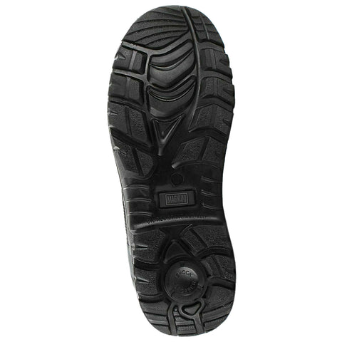 A black shoe sole with a textured surface designed for grip is displayed facing upward. It features various tread patterns intended for traction on multiple surfaces.