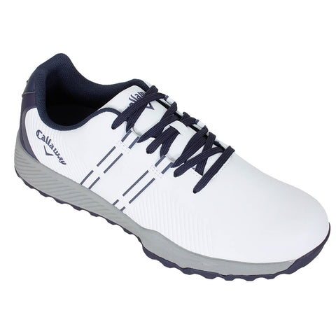 A white golf shoe with navy accents is positioned prominently. It features laces and a textured sole, suggesting it is designed for performance on the golf course.