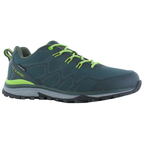 A dark green athletic shoe with a textured surface and contrasting bright green laces is displayed facing right the shoe has a rugged sole designed for outdoor activities and comfort