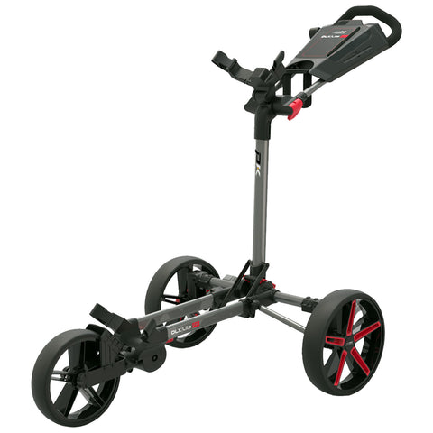 A golf trolley stands upright with three wheels and a handle. It features a compact design, suitable for transporting golf clubs across the course in an outdoor recreational environment.