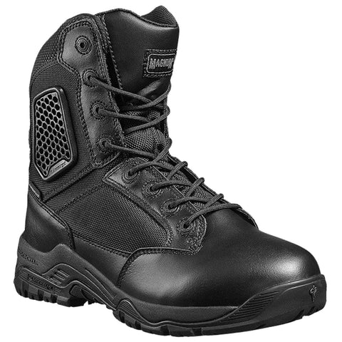 A black tactical boot designed for outdoor use features a high ankle for support and sturdy laces for secure fitting surrounded by a smooth surface for easy cleaning and durability.