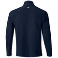 A navy long-sleeve athletic shirt features a high collar and a small logo on the back, designed for comfort during physical activities in a casual setting.