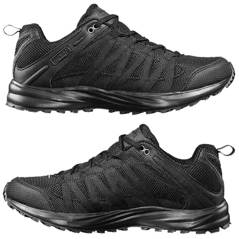 Black athletic shoes are displayed side by side showcasing a modern design with mesh and synthetic materials emphasizing comfort and support in a clean neutral background.