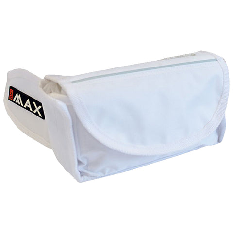 A white fanny pack is displayed resting on a flat surface with a flap closure and a zipper pocket on top showcasing the brand label MAX on the side