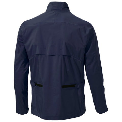 A navy jacket is displayed with a high collar and long sleeves featuring a back flap and side pockets suggesting it is designed for outdoor wear in a casual setting.