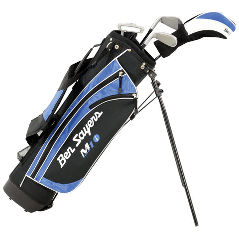 A golf bag stands upright with a set of clubs partially visible at the top featuring a blue and black design with the name Ben Sayers and model M1 prominently displayed.