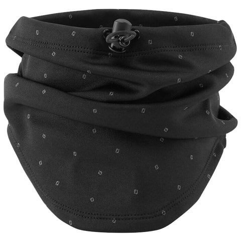 A black neck gaiter is displayed folded with a drawstring at the top for adjustable fitting featuring a subtle pattern throughout its surface suitable for outdoor activities in cooler weather.