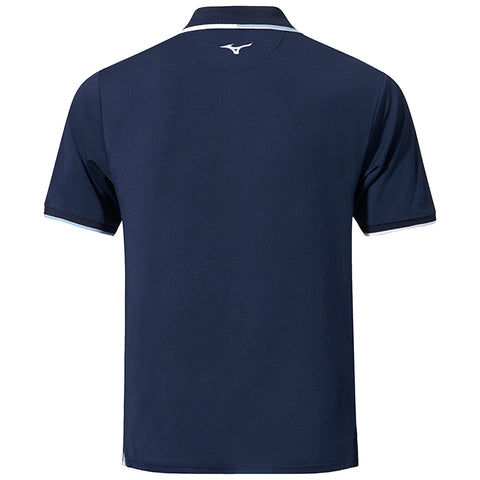 A dark navy blue polo shirt is displayed with short sleeves and a collar the back shows a small logo at the neck and contrasting trim on the sleeves