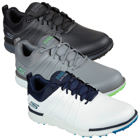 Three pairs of golf shoes are displayed. The top pair is black, the middle pair is grey, and the bottom pair is white with navy accents. Each shoe has various textures and lacing designs.