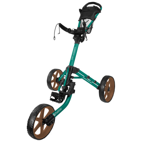 A golf push cart with three wheels stands upright featuring a teal color frame and brown wheels it is designed for transporting golf clubs and accessories on a golf course.