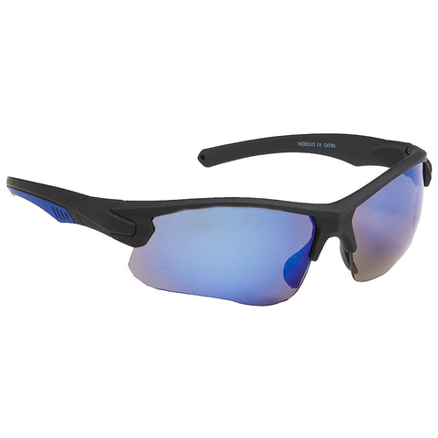 Sunglasses with a sleek black frame and blue mirrored lenses rest in a neutral background highlighting their sporty design intended for outdoor activities and sun protection.