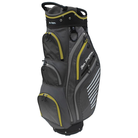 A golf bag stands upright featuring multiple zippered pockets for storage and a sleek design in gray with accents in yellow and white contrasting against the fabric texture.