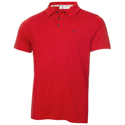 A red polo shirt stands upright showing its collared neck and three button placket with a small logo on the chest showcasing a simple casual style suitable for various occasions