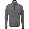 A gray pullover sweater with a quarter zipper is displayed. It has long sleeves and features a textured pattern on the fabric. The collar is slightly higher with a solid trim.