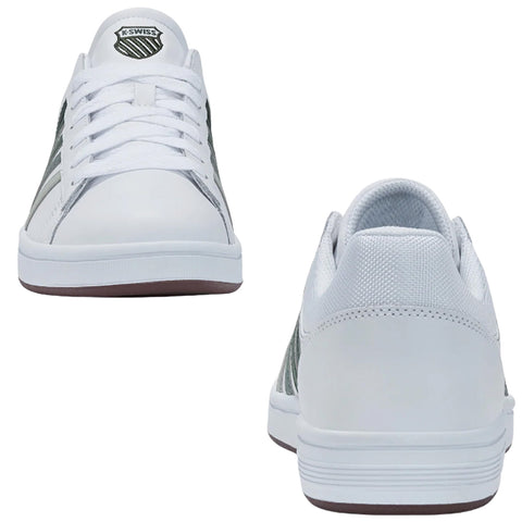 A pair of K-Swiss sneakers is displayed front and back showcasing a white color scheme with grey accents laces are tied while the shoes sit on a plain background.