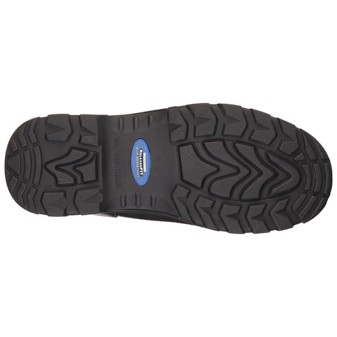 A rubber boot sole displays a deep tread pattern designed for traction and stability while walking. It features markings indicating oil resistance and slip protection on a plain background.