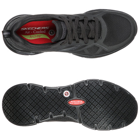 A black athletic shoe is displayed from two angles showcasing its mesh upper and textured rubber sole featuring slip-resistant grip patterns in an isolated setting.