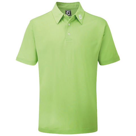 A short-sleeved light green polo shirt hangs upright featuring a collar two buttons and an embroidered logo on the left collar area against a plain white background