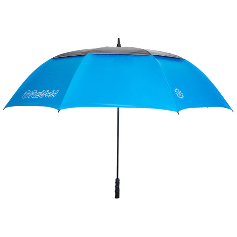 A large blue umbrella stands upright with a black top section providing shade against sunlight in an outdoor setting, designed for protection from rain or sun.