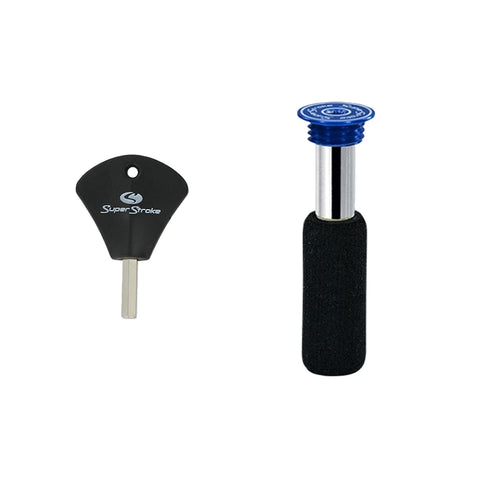 A black golf grip tool with a silver end is placed next to a black and blue putter grip. The tools are designed for improving golf performance and are set against a plain background.