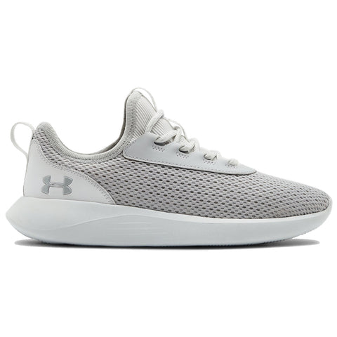 A light gray athletic shoe is displayed with a mesh upper and a smooth sole. It features a logo on the side and is designed for comfort during physical activities.