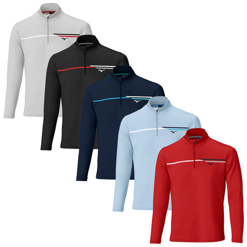 Five long-sleeved zip-up tops are arranged in a row displaying different colors grey black navy blue light blue and red with a white stripe design across the chest.