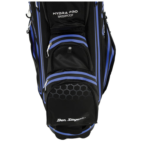 A black golf bag with blue accents has multiple zipped pockets and a waterproof design, standing upright against a neutral background, ready for carrying golf clubs and accessories.