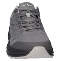 A gray hiking shoe is positioned facing forward showcasing its textured fabric upper and laces while highlighting rugged sole design suitable for outdoor terrain and activity.