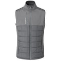 A gray sleeveless vest with a quilted lower section features a zip front and a high collar, designed for warmth and comfort in cooler environments. The vest includes a side pocket and branding on the front.