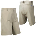 Beige shorts are displayed from the front and back angles showcasing the fabric texture and design features such as pockets and waistband in a neutral setting.