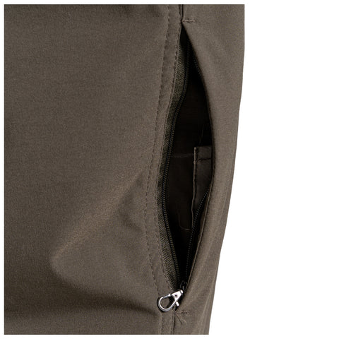 A close-up of a zippered pocket on an olive green fabric garment reveals a metal zipper and the interior of the pocket, with smooth textile texture surrounding it