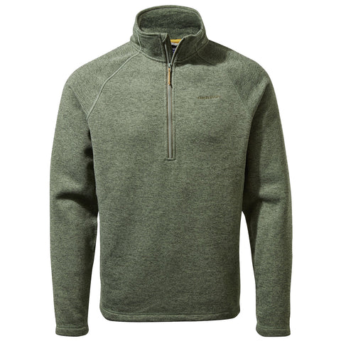 A green fleece pullover is displayed featuring a quarter-length zipper and a comfortable, soft texture designed for warmth in casual or outdoor settings.