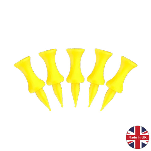 Five yellow push pins are lined up in a row with pointed tips facing down they are simple office supplies used for pinning notes or papers on boards or walls they have a circular base and conical tip.