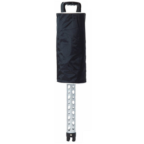 A long pole wrapped in a black fabric cover stands upright featuring a handle on top and a segmented metallic base with holes for support in outdoor settings.